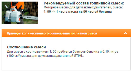 Соотношение масла и бензина для Stihl